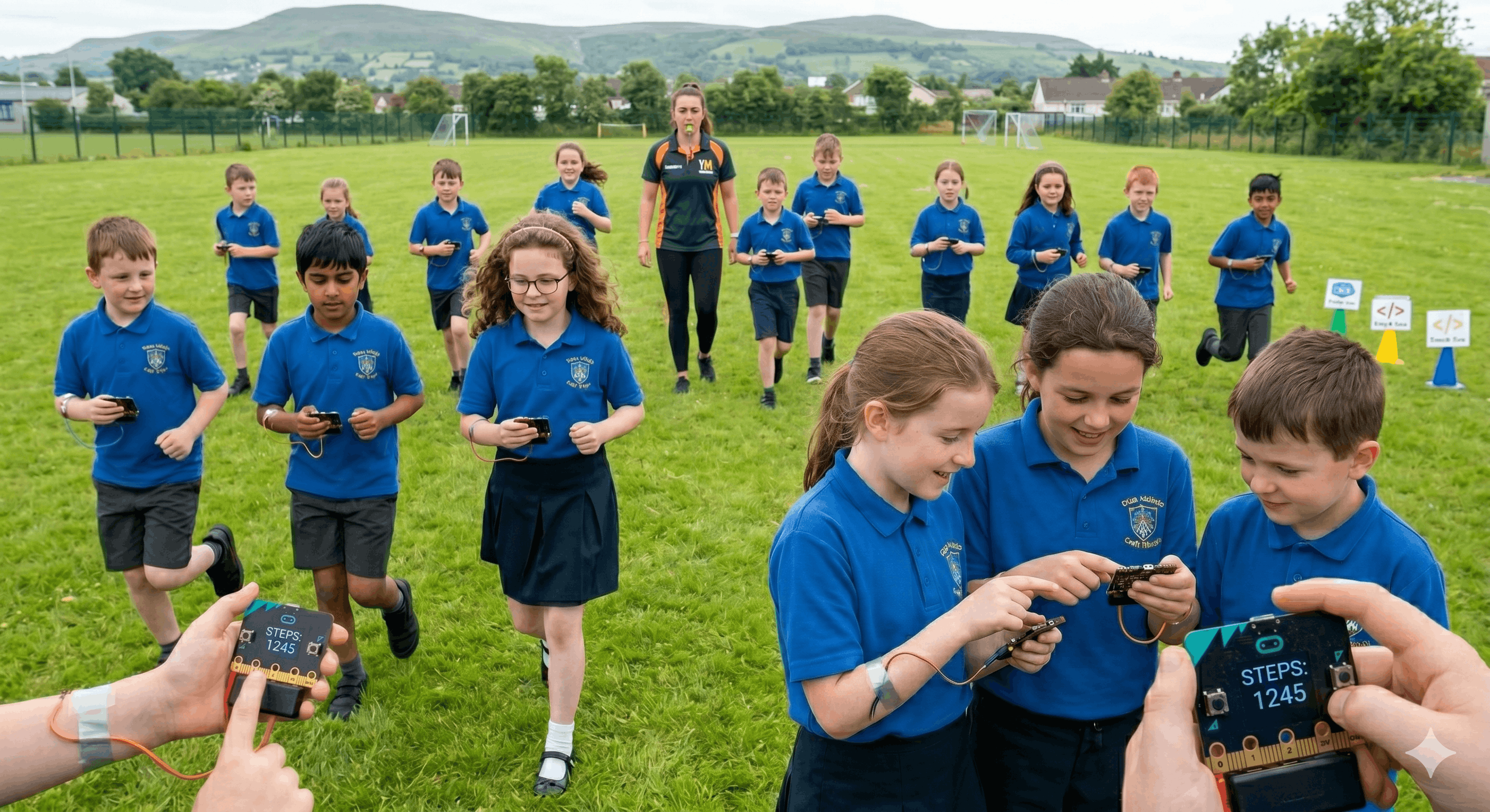 Students using Micro:bit step counters outdoors at a YoungMinds camp